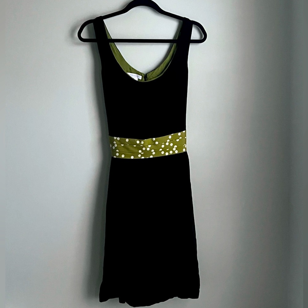 Anthropologie: Black velvet dress with green belt